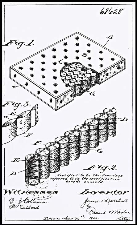 詹姆斯·馬歇爾 (James Marshall) 的袋裝線圈專利圖紙，1900 年 8 月 20 日