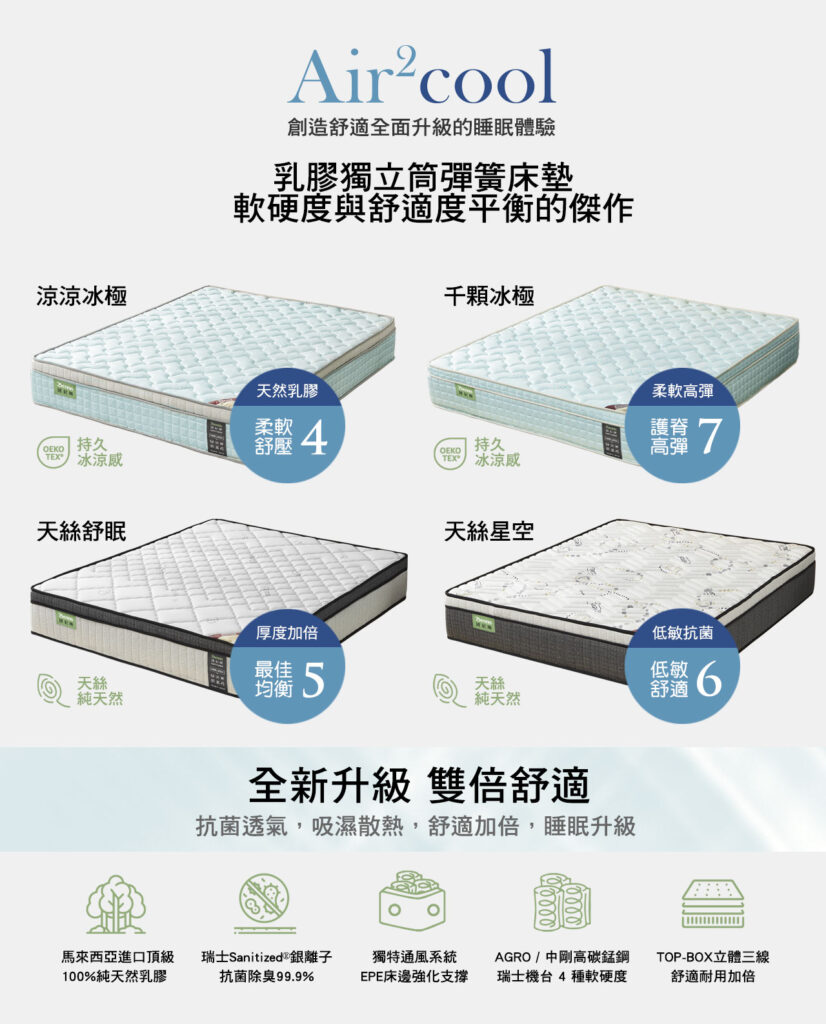 班尼斯最新Air2Cool床墊提供台製常見尺寸規格，滿足大部份人的需要。