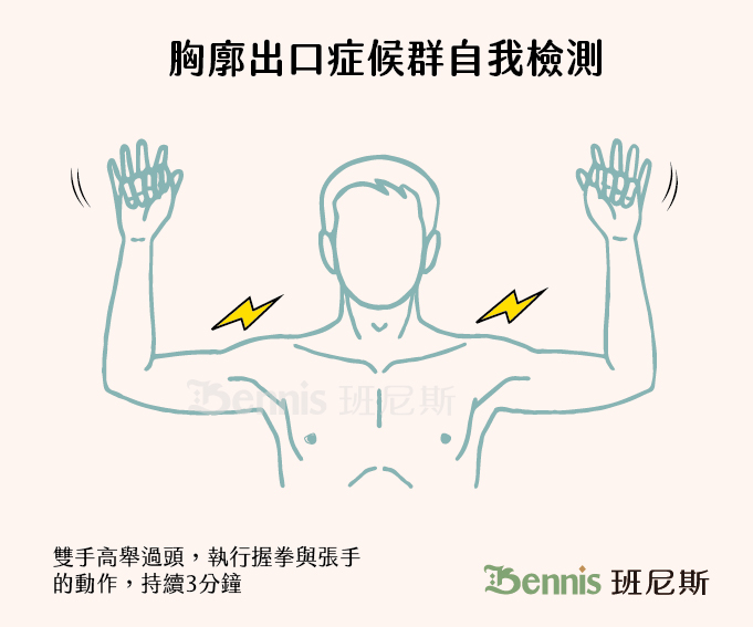 胸廓出口症候群的自我檢測：將雙手高舉過頭，執行握拳與張手的動作，持續3分鐘。
