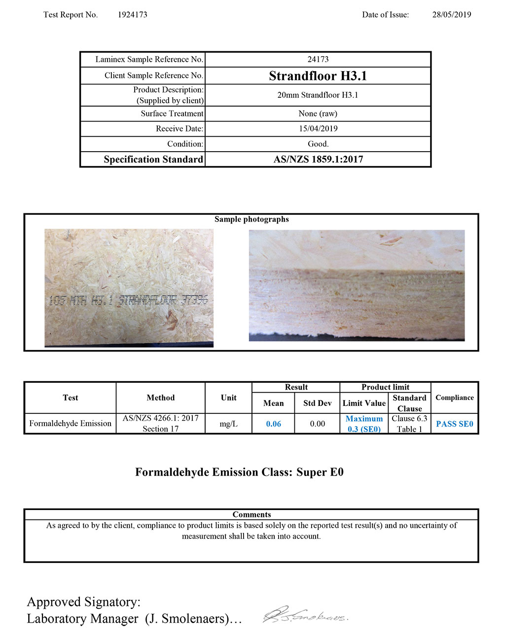 這是一份紐西蘭板材的檢驗報告部分，根據的是AS/NZS 1859.1:2017年板本。檢樣結果中，平均值0.06，遠小於SE0規定的最大值0.3mg/L。這份告報根據的方法是AS/NZS 4266.1:2017規範。
